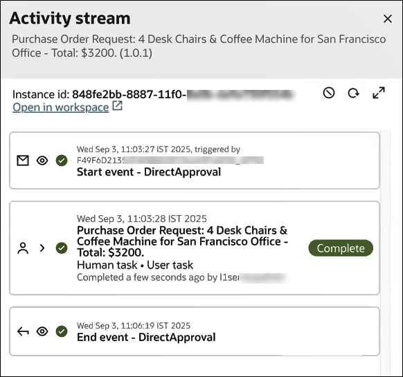 Activity stream that shows completion of a user task.