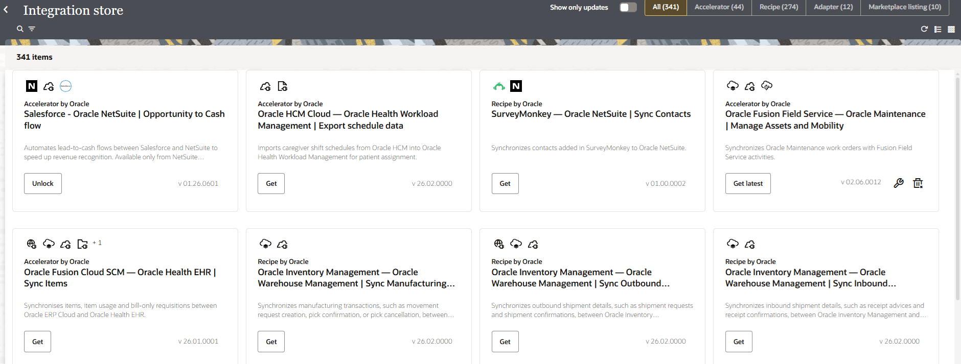 The Integration store is shown. In the upper right are filters for All, Accelerators, Recipes, Adapters, and Marketplace listings. All is selected. Below are all of the solutions available. The Get button lets you install a solution.