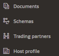 Navigation pane: B2B submenu showing selections for Documents, Schemas, Trading partners, and Host profile