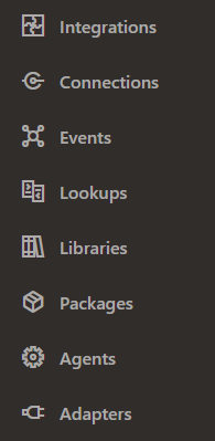 The Design tab includes the Integrations, Connections, Events, Lookups, Libraries, Packages, Agents, and Adapters options.