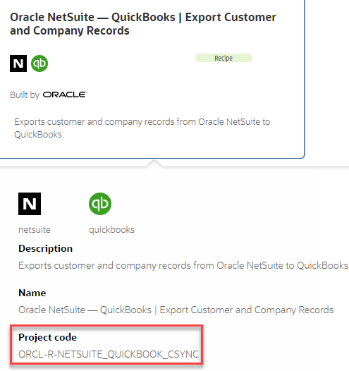 A recipe card on the Recipes and Accelerators page showing project name