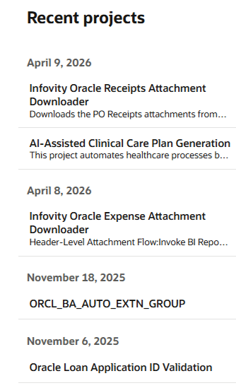 The Recent projects section the dates and the recent projects worked on.