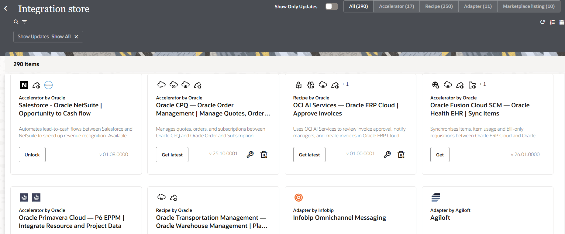 The Integration Store is shown with search, filter, and view tools. The header bar shows the Show Only Updates toggle and each available type (All, Accelerator, Recipe, Adapter, and Marketplace listing), along with the total number available with each type. The card view of the selected type is shown below. The Integration Store is shown with search, filter, and view tools. The header bar shows the Show Only Updates toggle and each available type (All, Accelerator, Recipe, Adapter, and Marketplace listing), along with the total number available with each type. The card view of the selected type is shown below.