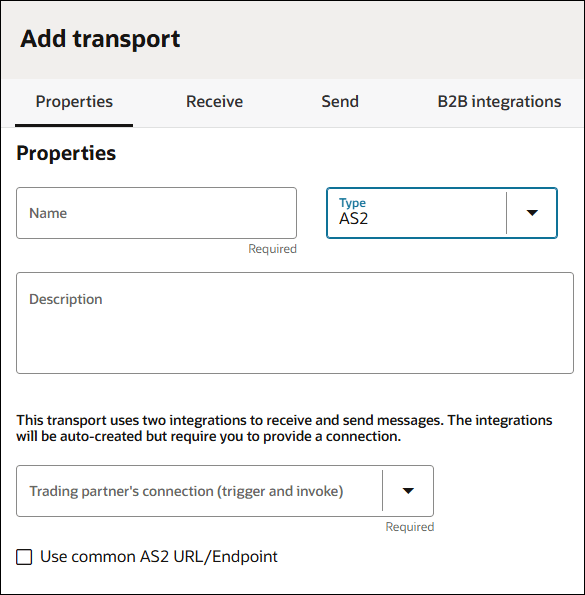 The Add transport dialog shows tabs for Properties, Receive, Send, and B2B Integrations. Below are the Name, Type, and Description fields. The Cancel and Add buttons are in the lower right.
