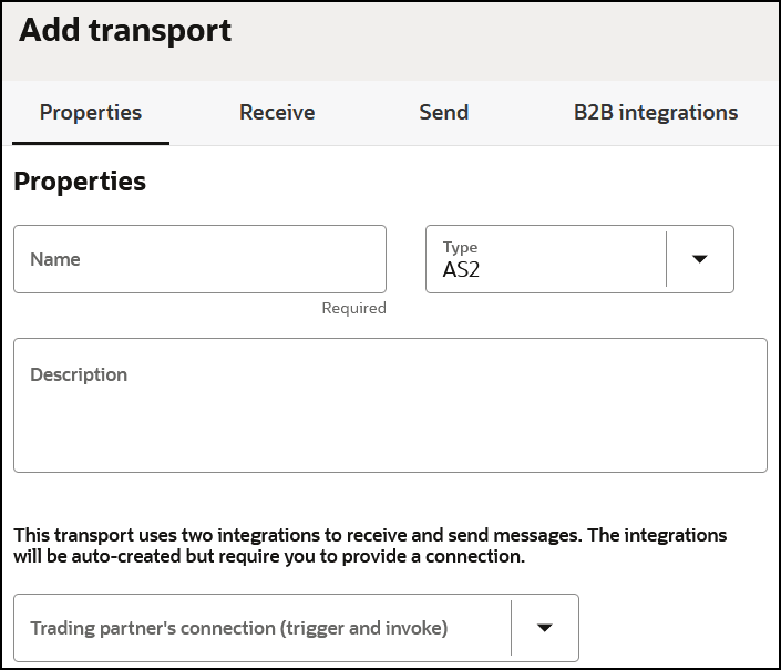 The Add Transport page shows tabs for Properties, Receive, Send, and B2B Integrations. Below are the Name, Type, and Description fields. The Cancel and Add buttons are in the lower right.