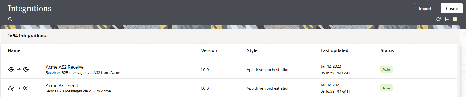 A table is displayed with columns for Name, Version, Style, Last Updated, and Status. To the left of the Name column are icons depicting the type of adapters used in the integration, including an icon for scheduled integrations.