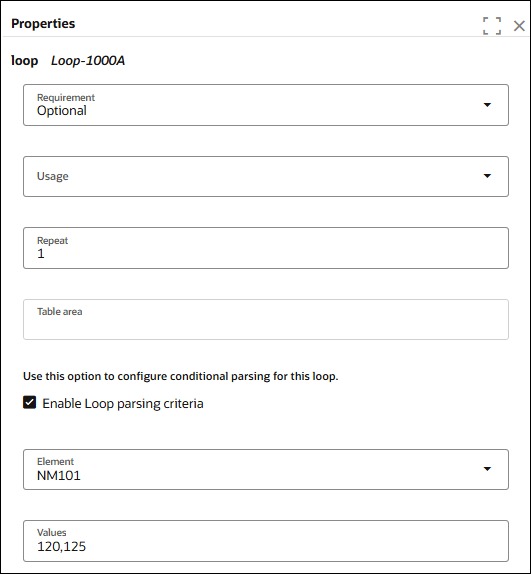 Properties panel for Loop-1000A showing Requirement set to Optional, Repeat set to 1, and an empty Table area. Enable Loop parsing criteria is selected, with Element set to NM101 and Values set to 120,125.