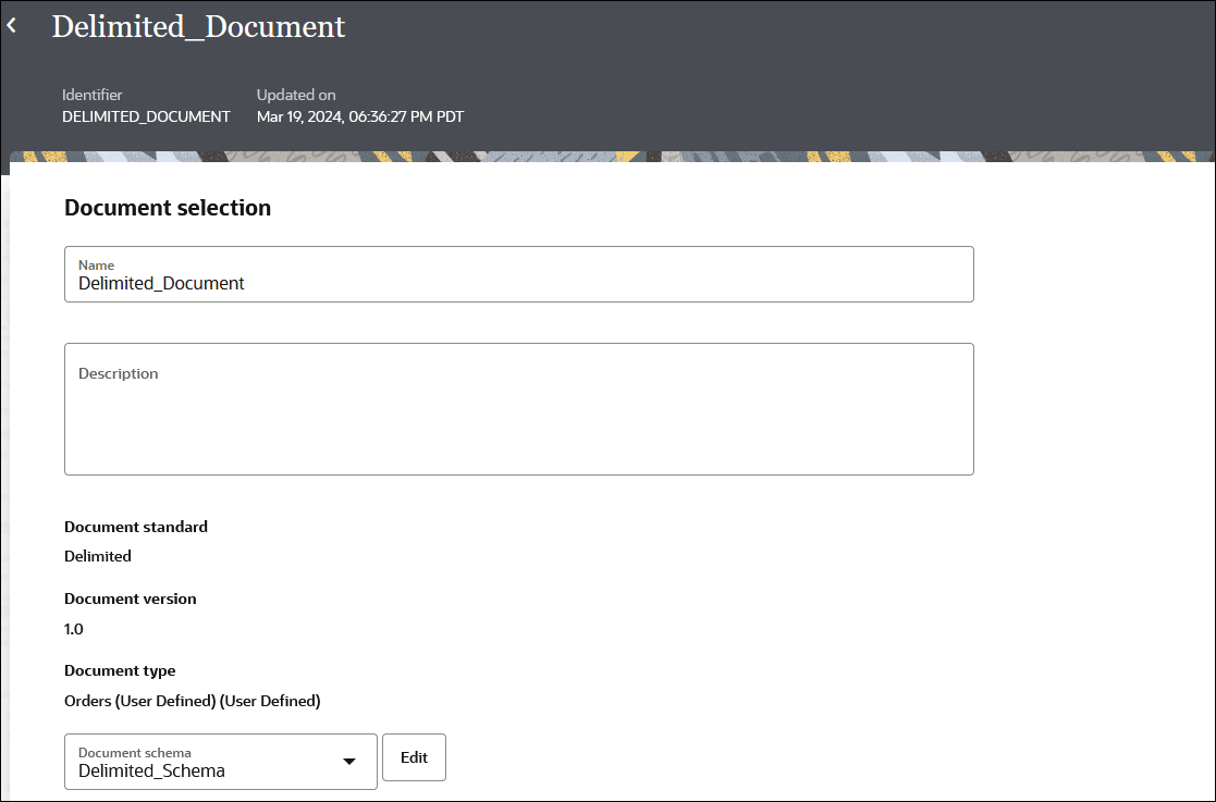 The page shows the Identifier and Updated by labels at the top. In the Document Selection section are fields for Name and Description. Below this are the values selected for Document standard, Document version, and Document type. Below this is a list for Document schema and the Edit button.