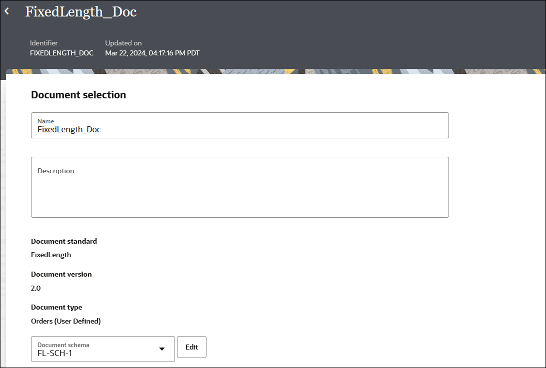 The page shows the Identifier and Updated by labels at the top. In the Document Selection section are fields for Name and Description. Below this are the values selected for Document standard, Document version, and Document type. Below this is a list for Document schema and the Edit button.
