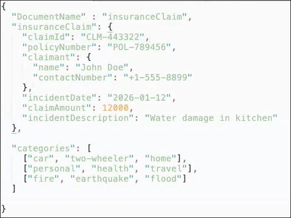 This is a JSON document describing an insurance claim: claimant John Doe with phone +1-555-8899, claim ID CLM-443322 for policy POL-789456; incident on 2026-01-12, claim amount 12,000, description “Water damage in kitchen.” Includes category tag arrays for car/home, personal/health/travel, and fire/earthquake/flood.