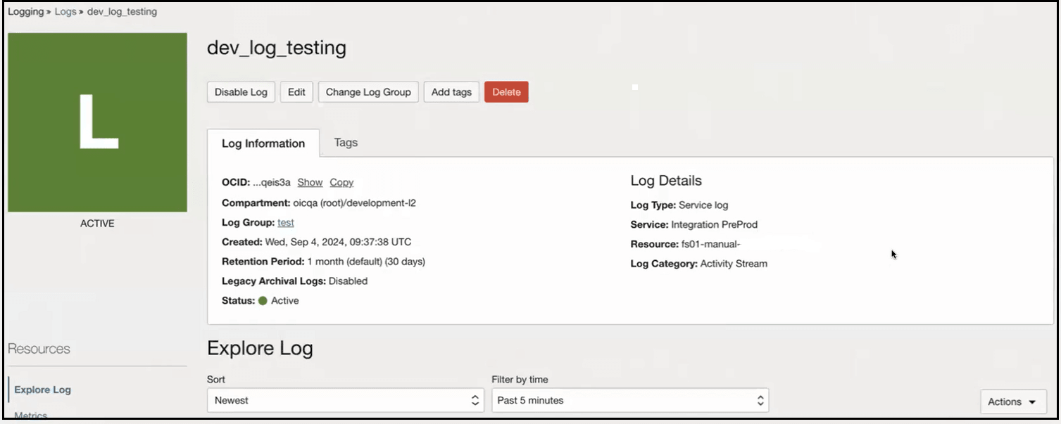 The details page for the log group is shown. Below the log group name are the Disable Log, Edit, Change Log Group, Add tags, and Delete buttons. Below this is the Log information tab, which includes values for the OCID, Compartment, Log Group, Created, Retention Period, Legacy Archival Logs, Status, Log Type, Service, Resource, and Log Category labels. Below this is the Explore Log section. The Explore Log link on the left is selected. The Sort and Filter by time drop-down lists are shown. An Actions drop-down list appears at the far right. The details page for the log group is shown. Below the log group name are the Disable Log, Edit, Change Log Group, Add tags, and Delete buttons. Below this is the Log information tab, which includes values for the OCID, Compartment, Log Group, Created, Retention Period, Legacy Archival Logs, Status, Log Type, Service, Resource, and Log Category labels. Below this is the Explore Log section. The Explore Log link on the left is selected. The Sort and Filter by time drop-down lists are shown. An Actions drop-down list appears at the far right.