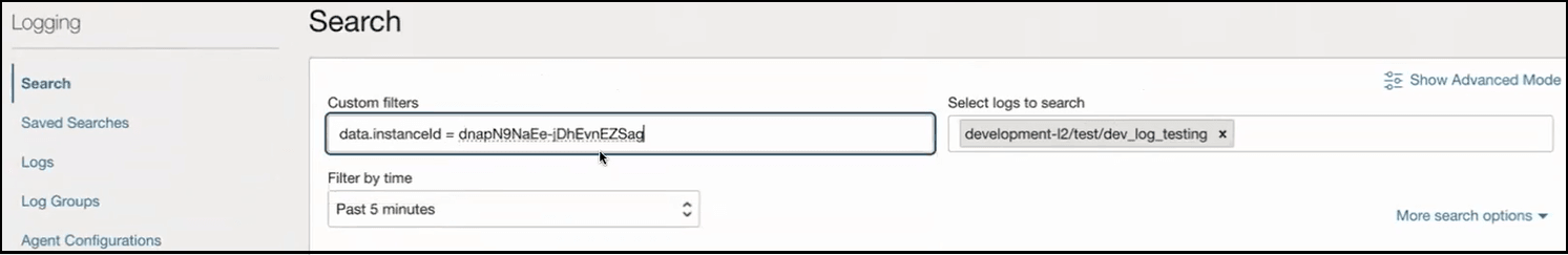 The Search link on the Logging page is selected. Fields for Custom filters, Filter by time, and Select logs to search are shown. A Show Advanced Mode link is shown in the upper right. Below this is the More search options drop-down list. The Search link on the Logging page is selected. Fields for Custom filters, Filter by time, and Select logs to search are shown. A Show Advanced Mode link is shown in the upper right. Below this is the More search options drop-down list.