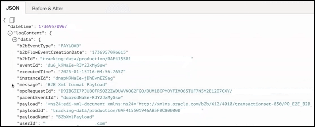 The JSON tab is selected. Below this are the parameters and their values in the wire message payload. The JSON tab is selected. Below this are the parameters and their values in the wire message payload.