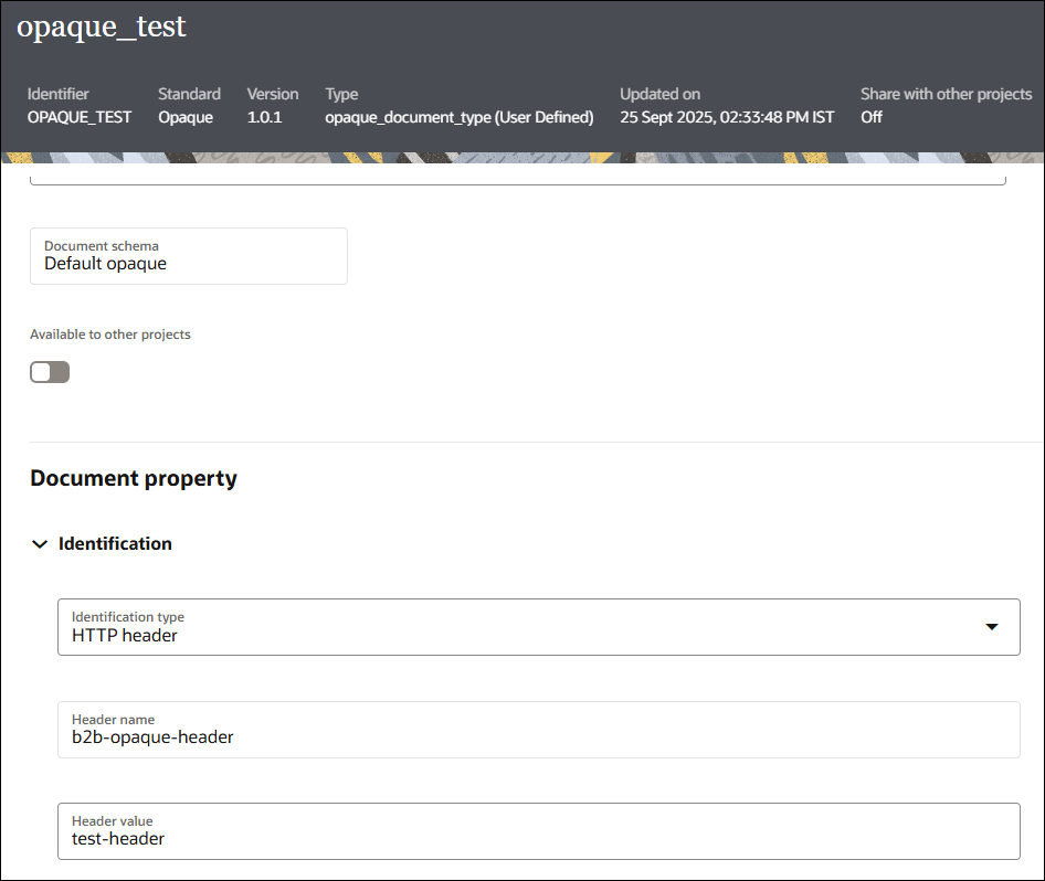 The Document property section is shown. It includes the Identification section with the following fields: Identification type. Header name and Header value.