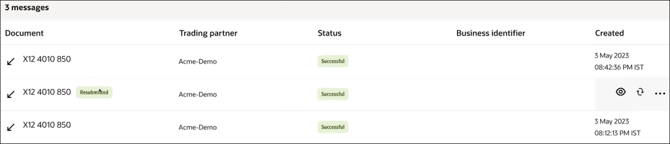 A table with columns for Document, Trading partner, Status, and Business identifier. The image shows three business messages.