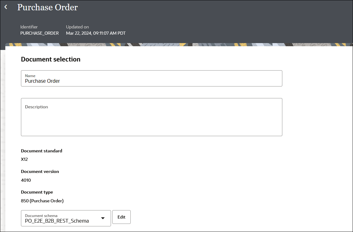 The page shows the Identifier and Updated by labels at the top. In the Document Selection section are fields for Name and Description. Below this are the values selected for Document standard, Document version, and Document type. Below this is a list for Document schema and the Edit button.