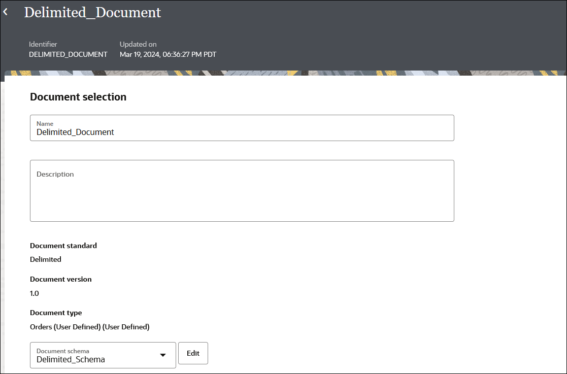 The page shows the Identifier and Updated by labels at the top. In the Document Selection section are fields for Name and Description. Below this are the values selected for Document standard, Document version, and Document type. Below this is a list for Document schema and the Edit button.