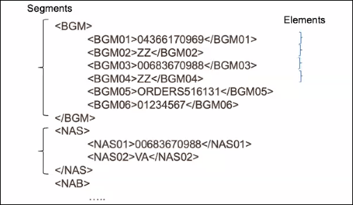 The schema file shows segments for BGM, NAS, and NAB. Within the BGM segment are six elements beginning with BGM01 and going through BGM06.