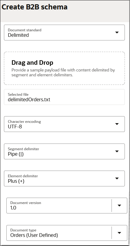 The Create B2B schema shows fields for Document Standard, Drag and Drop, Selected file, Character encoding, Segment delimiter, Element delimiter, Document version, and Document type.