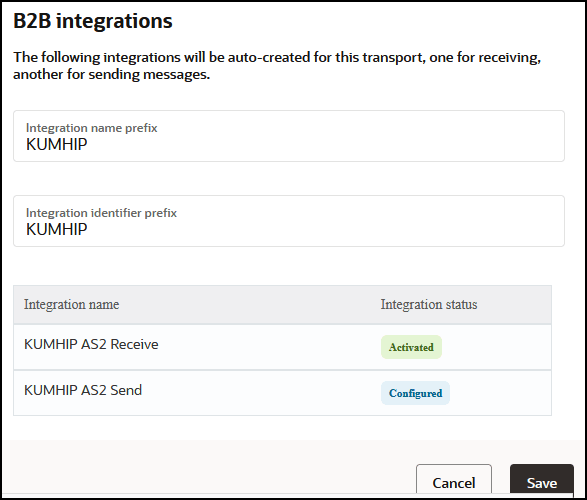 The B2B integrations section shows fields for Integration name prefix and Integration identifier prefix. Below this is a table with columns for Integration name and Integration state.