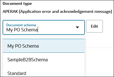 Document schema list with schemas available for selection. The Edit button is also displayed.