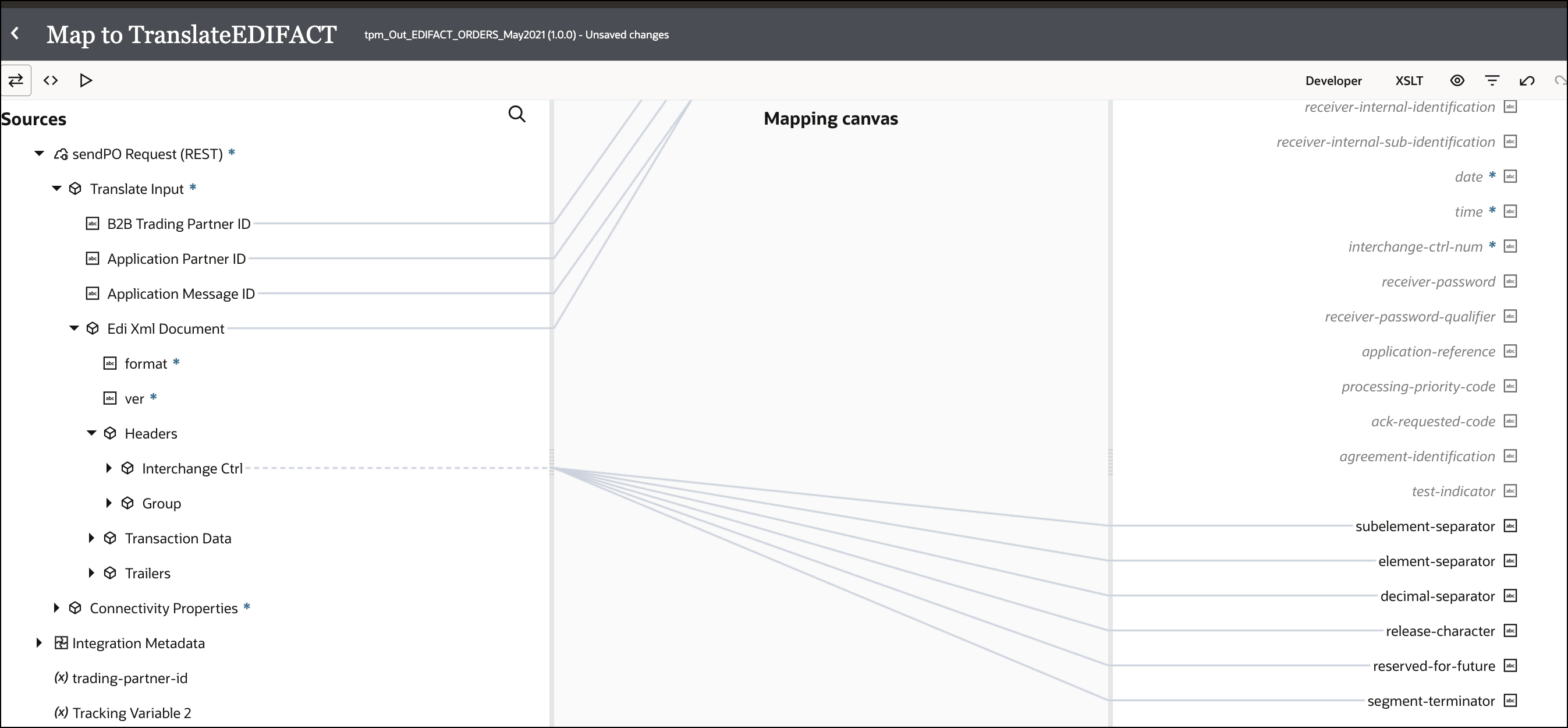 The Sources, Mapping canvas, and Target sections are shown. The source Translate Input elements are mapped to target elements. Under the source element Headers, Interchange-ctl is mapped to the target elements subelement-separator, element-separator,decimal-separator, release-character, reserved-for-future, and segment-terminator.