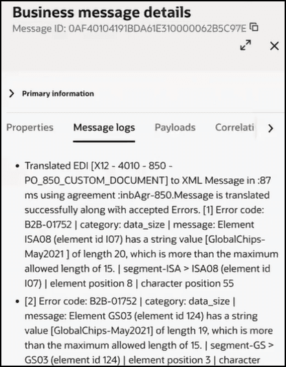 The Business message details panel shows the message ID at the top. Two icons appear to the right. Below this is the Primary Information section. Below this are tabs for Properties, Message logs, Payloads, and Correlations. Message logs is selected. Below this is the Translated EDI X12 section. The error codes that were ignored are displayed.