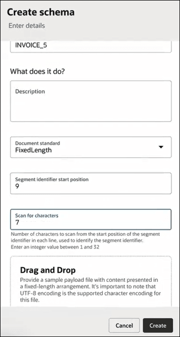 The Create schema panel showing the segment identifier start position as 9 and the scan for characters value as 7. The Create button is highlighted on the bottom right. The Create schema panel showing the segment identifier start position as 9 and the scan for characters value as 7. The Create button is highlighted on the bottom right.