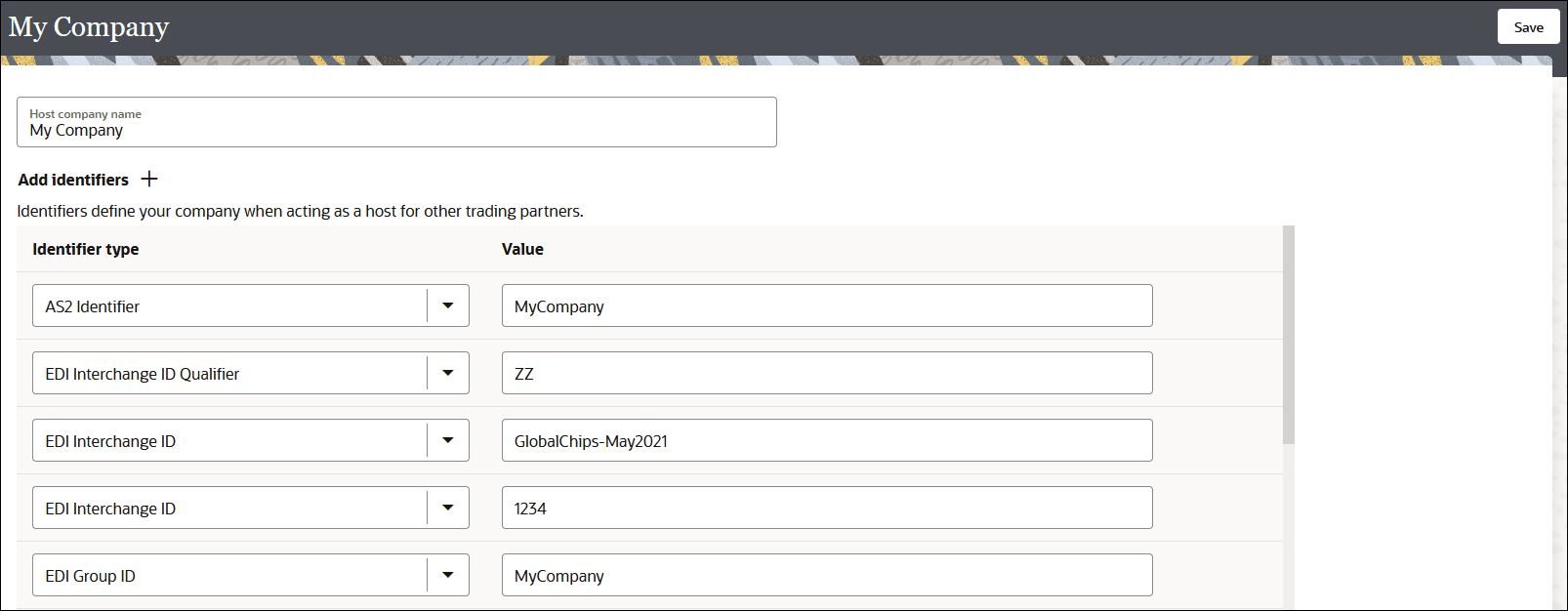 The Host Profile tab is shown. The Host Company Names field shows a value of Acme. Below this is the Add Identifiers section, with a + sign. Below this is a table with columns for Identifier Type lists and Value fields. The Host Profile tab is shown. The Host Company Names field shows a value of Acme. Below this is the Add Identifiers section, with a + sign. Below this is a table with columns for Identifier Type lists and Value fields.
