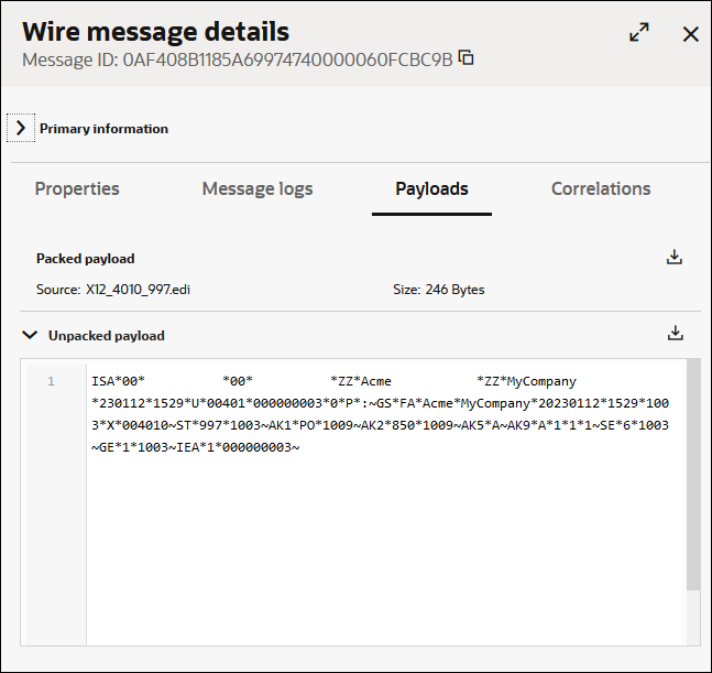 The Wire Message Details dialog shows a Close button in the upper right. Below is the message ID number. Below is the Packed Payload section, with a Download button to the right. Below is the Unpacked Payload section, which is expanded to display the message payload. A Download button is displayed to the right.