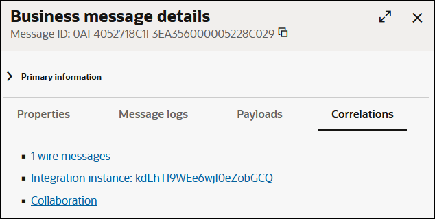 The Properties, Message logs, Payloads, and Correlations tabs are shown. Correlations is selected. Below this are links for wire messages, integration instance, and collaboration.
