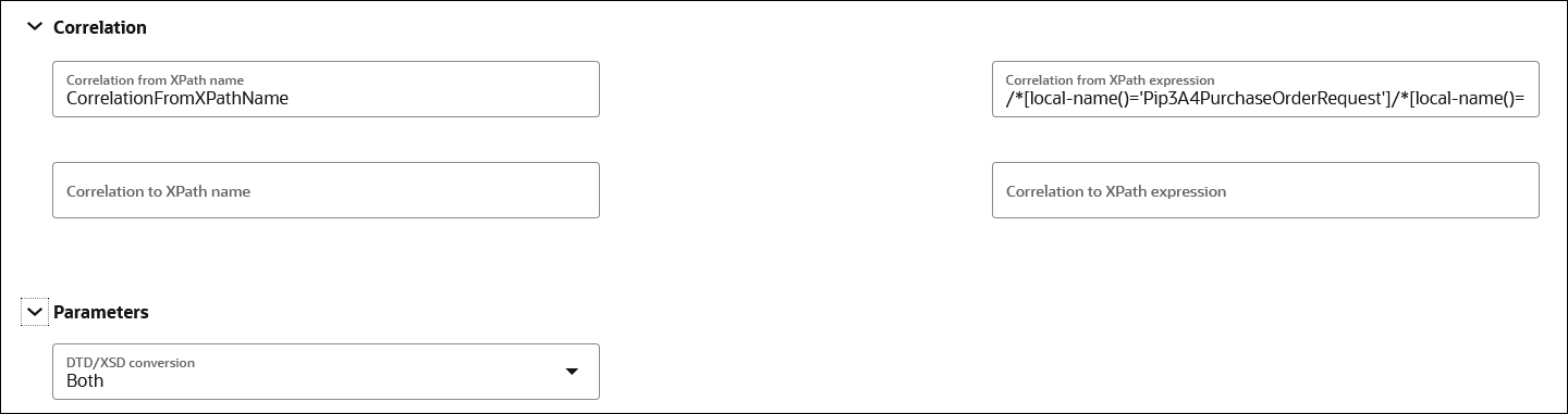 The Correlation section shows Correlation from XPath name, Correlation to XPath name, Correlation from XPath expression, and Correlation to XPath expression.