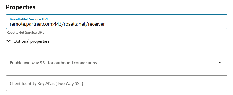 The Connection Properties section includes the RosettaNet Server UR field, Enable two way SSL for outbound connections field, and Client Identity Key Alias (Two Way SSL) field.
