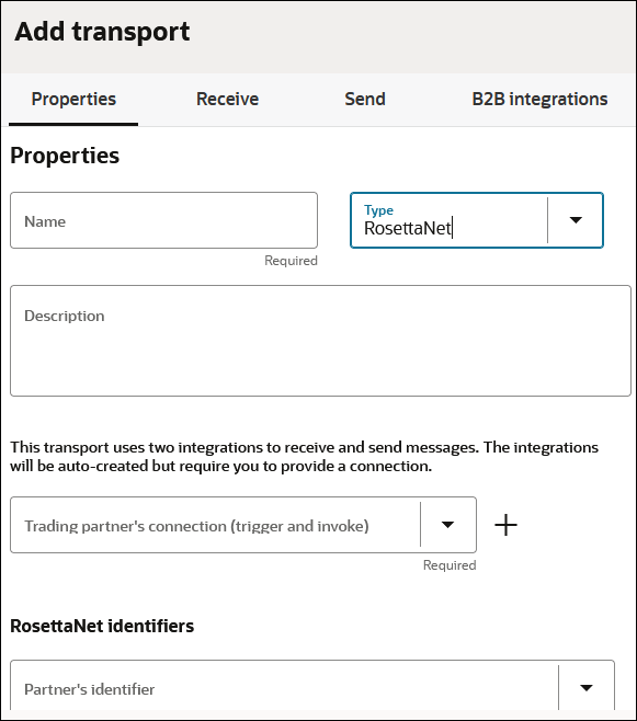 The Add Transport page shows tabs for Primary Information, Receive, Send, and B2B Integrations. Below are the Name, Type, and Description fields. The Cancel and Add buttons are in the lower right.