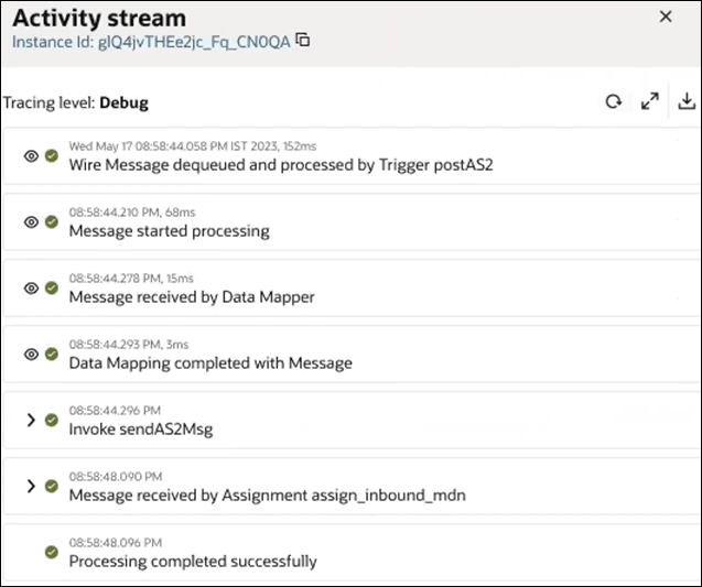 The activity steam shows the tracing level is set to debug. Three icons appear to the right. Below this are the milestone of the message being processed. The last milestone says that processing completed successfully. The activity steam shows the tracing level is set to debug. Three icons appear to the right. Below this are the milestone of the message being processed. The last milestone says that processing completed successfully.