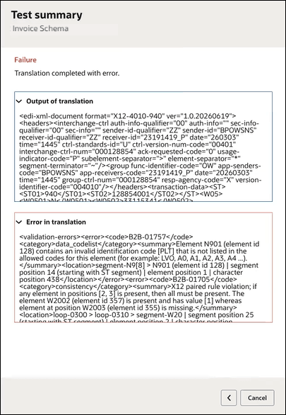 Screenshot of a testing interface titled Test summary for a schema named Invoice Schema. The test result shows a red Failure status with the message “Translation completed with error.” An expanded Output of translation section displays generated XML for an EDI X12 850 Purchase Order document, including interchange, group, and transaction header information. Below it, an expanded Error in translation section contains validation errors, including code B2B-01757, indicating that an invalid identifier code was found in the N901 element and that a required element is missing. Navigation controls with a back arrow and Cancel button are shown in the bottom-right corner.