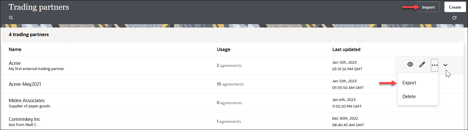 The Trading Partners page shows Import and Create buttons in the upper right. Below this is a table with columns for Name, Usage, and Last Updated. At the far right of a selected trading partner are the view icon, edit icon, and action icon, which is selected to show options for Export and Delete.
