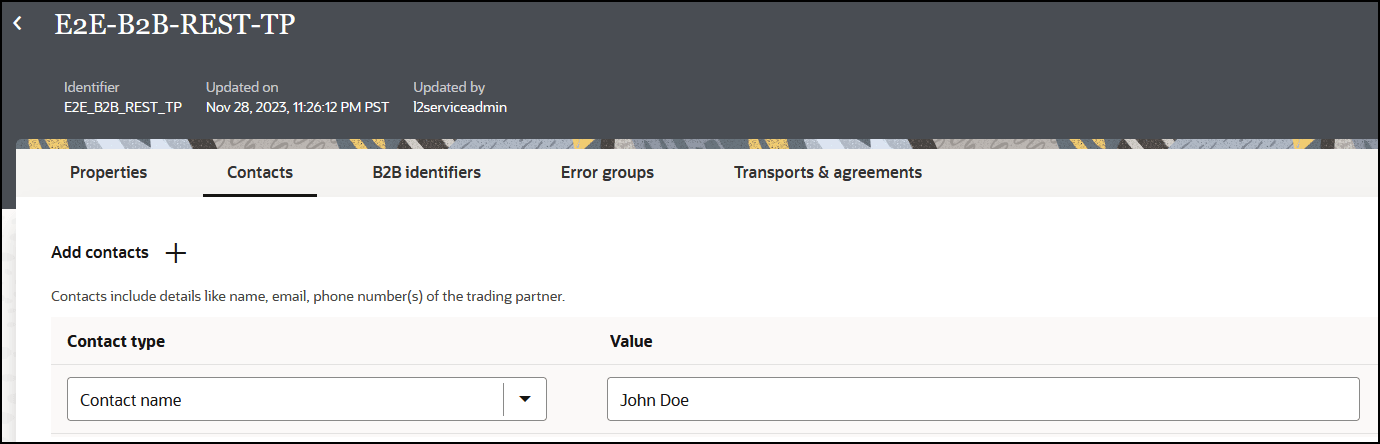 The Properties, Contacts, B2B Identifiers, and Transports & Agreements tabs appear at the top. Below are the Add Contacts icon, Contact Type list, and Value field. In the upper right is the Save button.