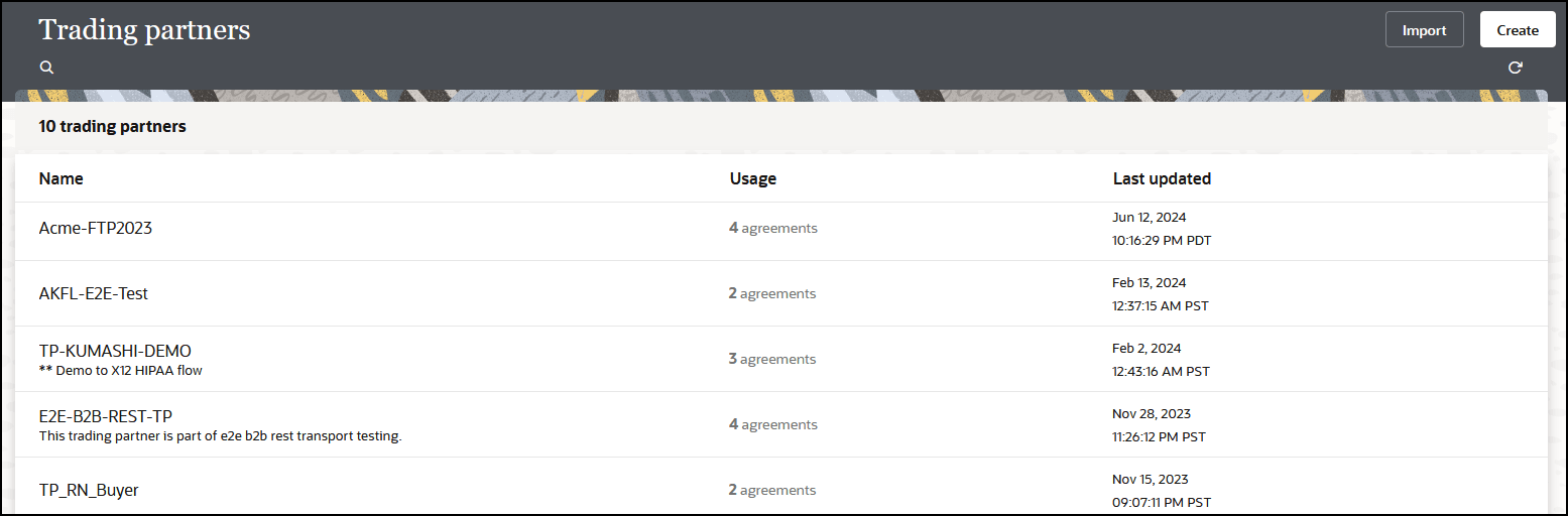 The Trading Partners page shows a table with columns for Name, Usage, and Last Updated. The Import and Create buttons are in the upper right corner. The Trading Partners page shows a table with columns for Name, Usage, and Last Updated. The Import and Create buttons are in the upper right corner.