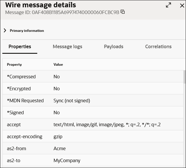 A table with columns for Status and Transport Message appears on the left side. The status of Successful is selected. To the right, the Wire Message Details dialog shows a Close button in the upper right. Below is the message ID number. Below is the Primary Information section with tabs for Properties, Message Logs, Payloads, and Correlations. Below this is the Execution Details section.