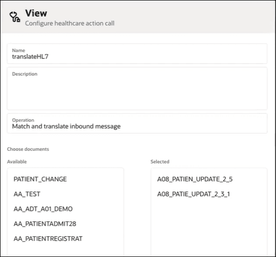 The healthcare action dialog shows a Name field, Description field, Operation field, and Choose messages section, which includes the Available field and Selected field. Two documents have been selected: ADT_A08 version 2.5 and ADT_A08 version 2.3.1.