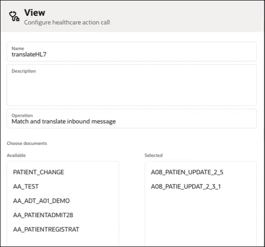 The healthcare action dialog shows a Name field, Description field, Operation field, and Choose messages section, which includes the Available field and Selected field. Two documents have been selected: ADT_A08 version 2.5 and ADT_A08 version 2.3.1.