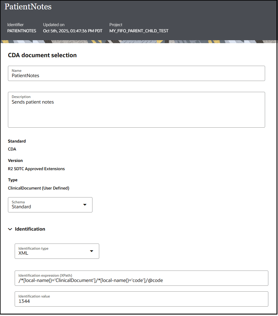 The details page for the CDA document is shown. It includes labels for Identifier, Updated on, and Project at the top. Below this is the CDA document selection section. This section includes editable fields for name and description. Below this are the non-editable fields for Standard, Version, and Type. Below this are drop-down lists for Schema, Identification type. Below this are editable fields for Identification expression (XPath) and Identification value.
