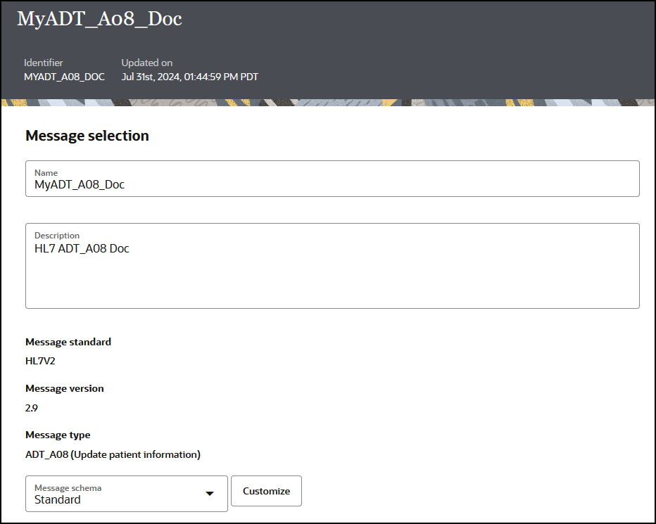 The MyADT_A08_Doc message is shown. At the top are the View Only label, Identifier field, and Updated on field. Below this are the Message selection, Name, Description, Message standard, Message version, and Message type fields. Below this is the Message schema drop-down list and Customize button.