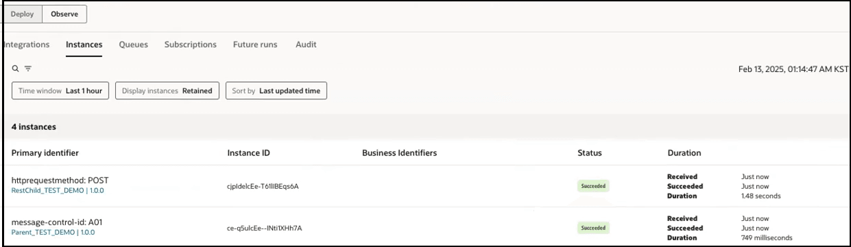 The Integration, Instances (which is selected), Queues, Subscriptions, Future runs, and Audit tabs are shown. Search and filter icons appear below. A filter has been set on the display of data. A table with columns for Name, Instance ID, Business identifiers, Status, and Duration appears. The two instances show a status of succeeded. The Integration, Instances (which is selected), Queues, Subscriptions, Future runs, and Audit tabs are shown. Search and filter icons appear below. A filter has been set on the display of data. A table with columns for Name, Instance ID, Business identifiers, Status, and Duration appears. The two instances show a status of succeeded.