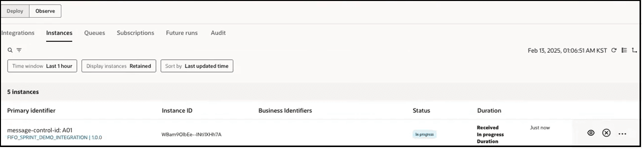 The Integration, Instances (which is selected), Queues, Subscriptions, Future runs, and Audit tabs are shown. Search and filter icons appear below. A filter has been set on the display of data. A table with columns for Name, Instance ID, Business identifiers, Status, and Duration appears. The instance is in progress. The Integration, Instances (which is selected), Queues, Subscriptions, Future runs, and Audit tabs are shown. Search and filter icons appear below. A filter has been set on the display of data. A table with columns for Name, Instance ID, Business identifiers, Status, and Duration appears. The instance is in progress.