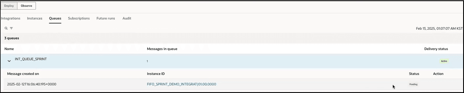 The Integration, Instances, Queues, Subscriptions, Future runs, and Audit tabs are shown. Search and filter icons appear below. A table with columns for Name, Messages in queues, and Delivery status appears. The first queue in the table is expanded to show columns for Message created on, Instance ID, Status, and Action. The Integration, Instances, Queues, Subscriptions, Future runs, and Audit tabs are shown. Search and filter icons appear below. A table with columns for Name, Messages in queues, and Delivery status appears. The first queue in the table is expanded to show columns for Message created on, Instance ID, Status, and Action.