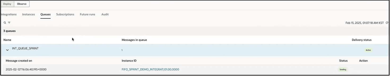 The Integration, Instances, Queues, Subscriptions, Future runs, and Audit tabs are shown. Search and filter icons appear below. A table with columns for Name, Messages in queues, and Delivery status appears. The first queue in the table is expanded to show columns for Message created on, Instance ID, Status, and Action. The Integration, Instances, Queues, Subscriptions, Future runs, and Audit tabs are shown. Search and filter icons appear below. A table with columns for Name, Messages in queues, and Delivery status appears. The first queue in the table is expanded to show columns for Message created on, Instance ID, Status, and Action.