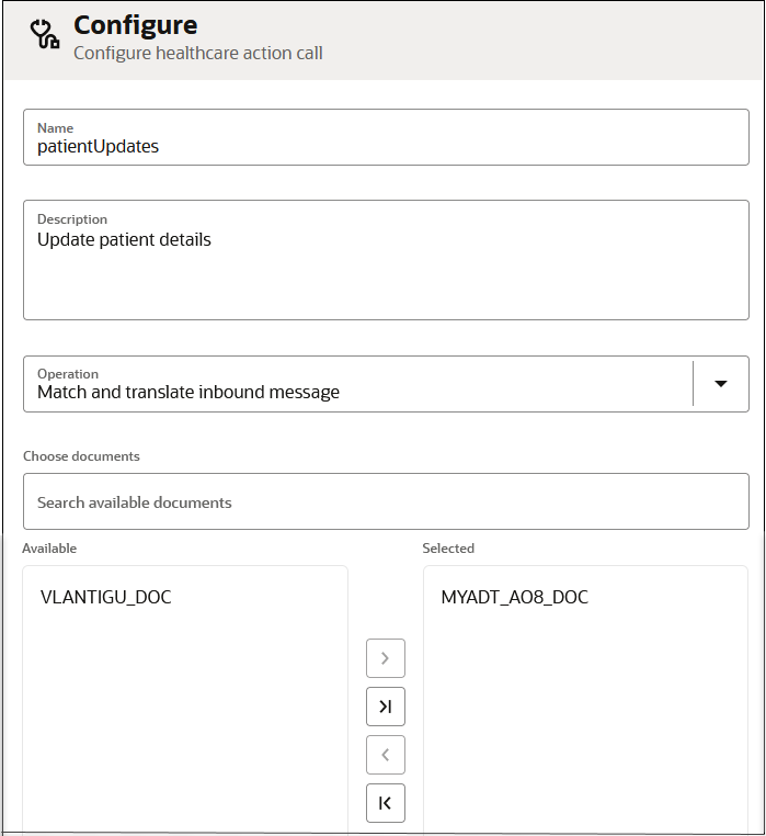 The Configure - Configure healthcare action call page. Fields for Name, Description, Operation (Match and translate inbound message is selected), and Document fields are shown.