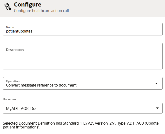 The Configure - Configure healthcare action call page. Fields for Name, Description, Operation (Convert message reference document is selected), and Document fields are shown.